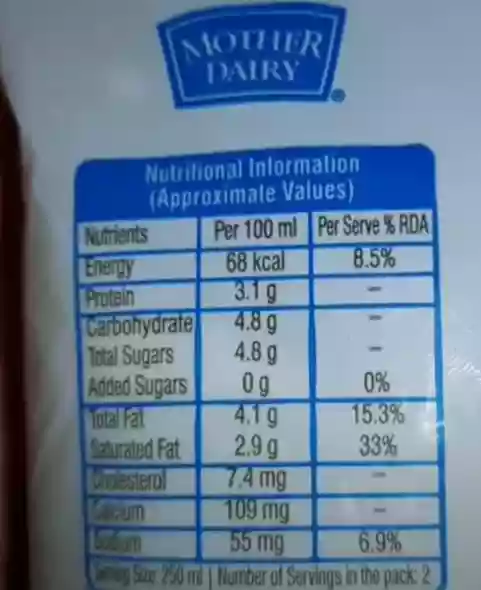 mother dairy cow milk Nutrition_value